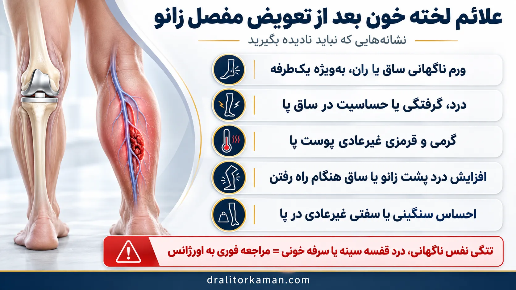 نمای توضیحی درباره نشانههای احتمالی لخته در پا